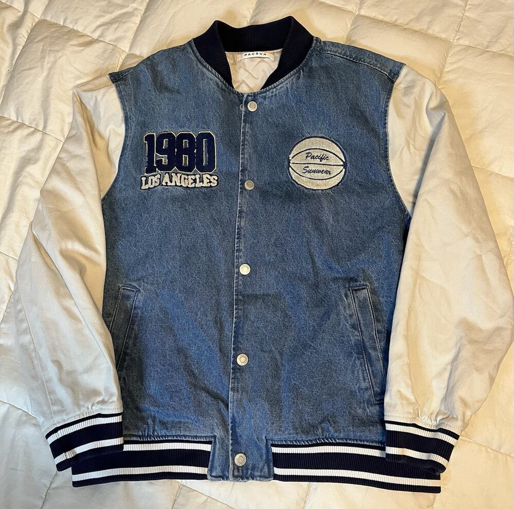 Pacsun Denim Varsity Bomber Jacket Men’s Size XL 1980 Los Angeles Snap Button